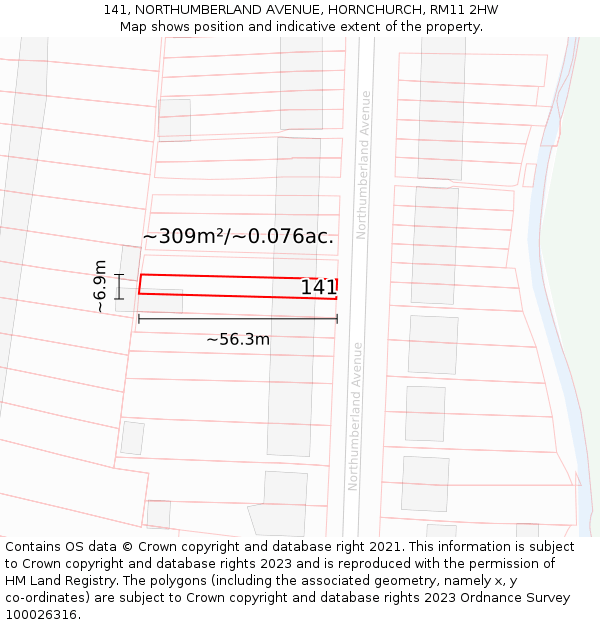141, NORTHUMBERLAND AVENUE, HORNCHURCH, RM11 2HW: Plot and title map