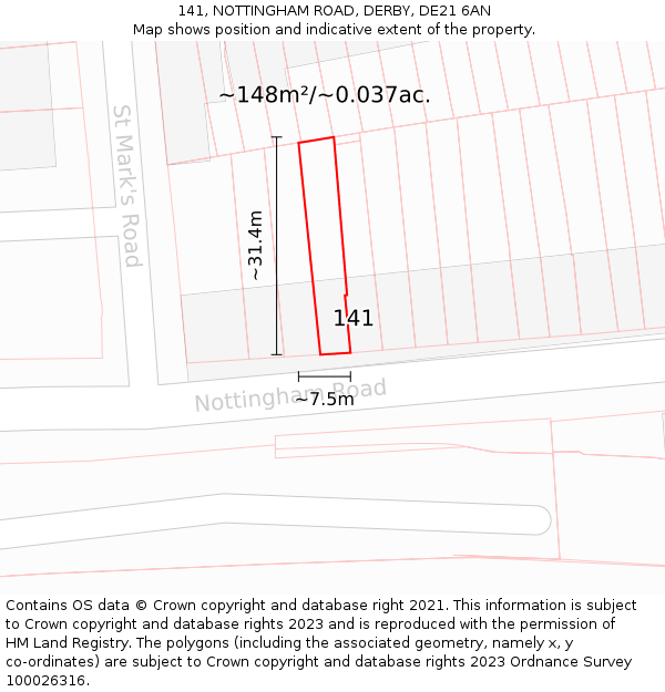 141, NOTTINGHAM ROAD, DERBY, DE21 6AN: Plot and title map