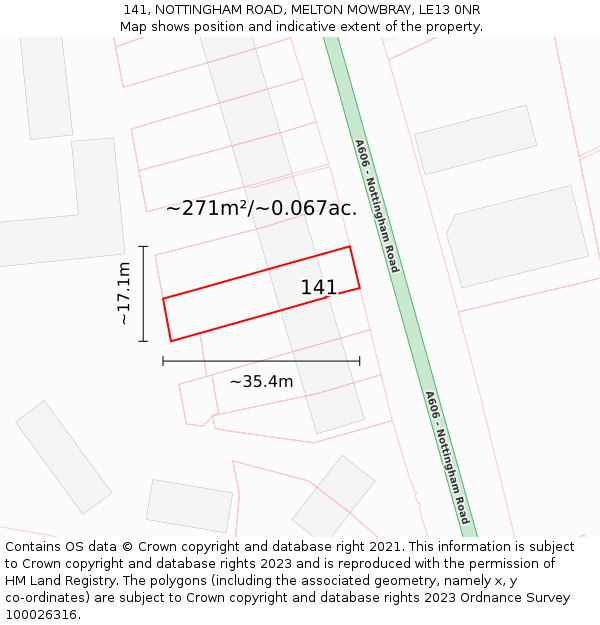 141, NOTTINGHAM ROAD, MELTON MOWBRAY, LE13 0NR: Plot and title map
