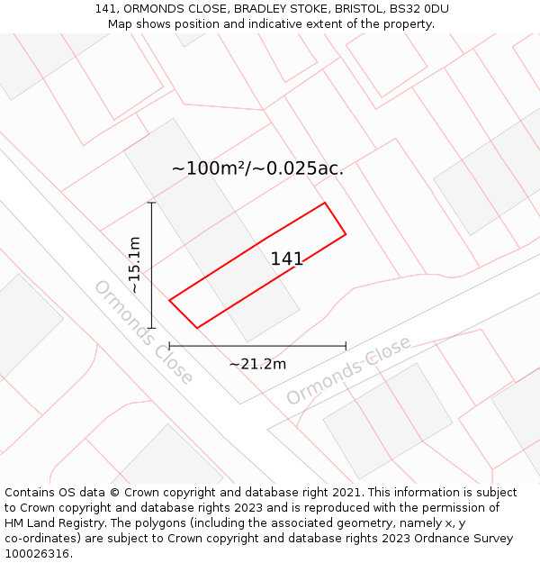 141, ORMONDS CLOSE, BRADLEY STOKE, BRISTOL, BS32 0DU: Plot and title map
