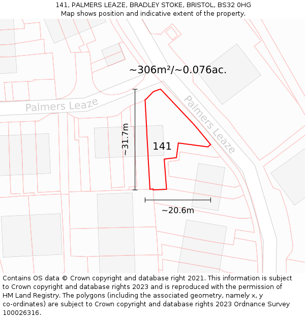 141, PALMERS LEAZE, BRADLEY STOKE, BRISTOL, BS32 0HG: Plot and title map