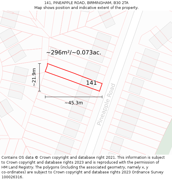 141, PINEAPPLE ROAD, BIRMINGHAM, B30 2TA: Plot and title map
