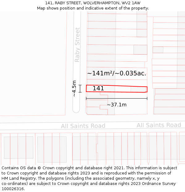 141, RABY STREET, WOLVERHAMPTON, WV2 1AW: Plot and title map