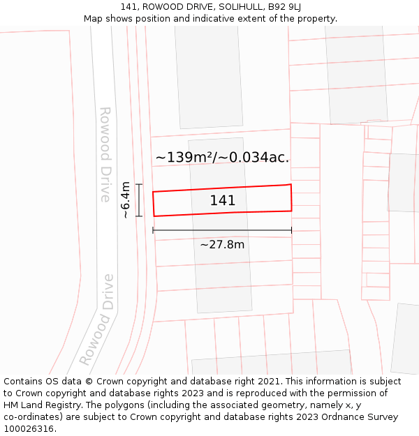 141, ROWOOD DRIVE, SOLIHULL, B92 9LJ: Plot and title map