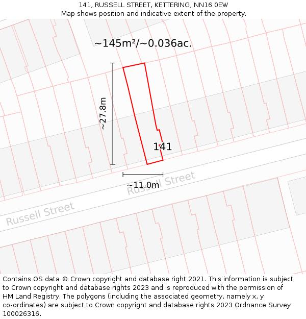 141, RUSSELL STREET, KETTERING, NN16 0EW: Plot and title map