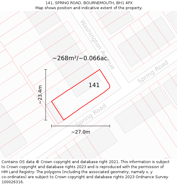 141, SPRING ROAD, BOURNEMOUTH, BH1 4PX: Plot and title map