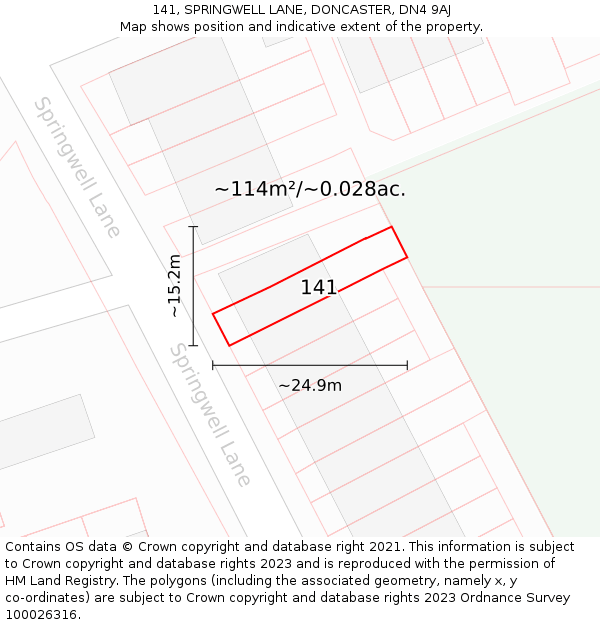 141, SPRINGWELL LANE, DONCASTER, DN4 9AJ: Plot and title map