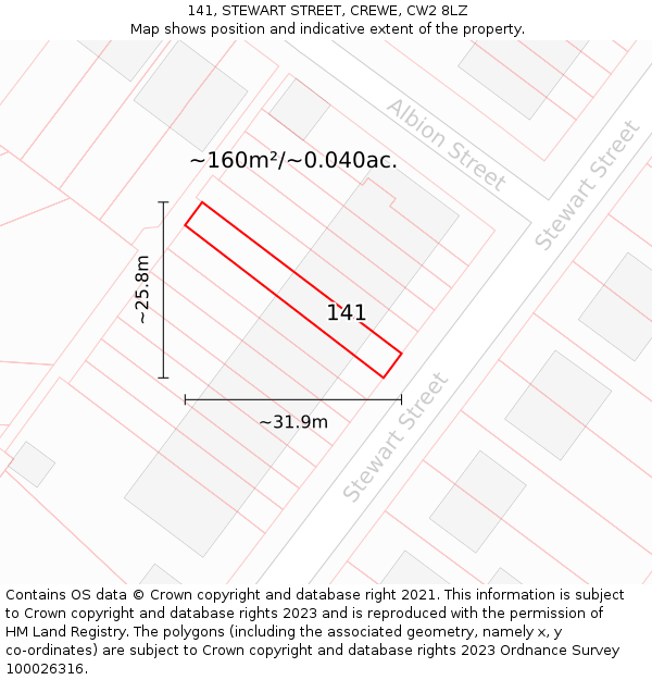 141, STEWART STREET, CREWE, CW2 8LZ: Plot and title map