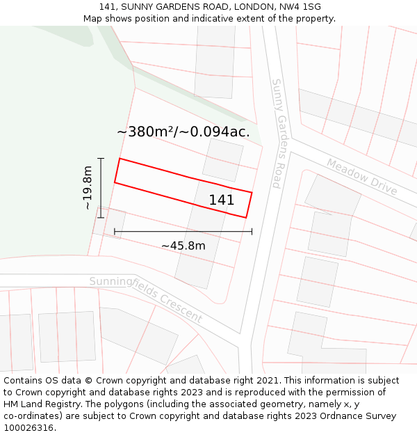 141, SUNNY GARDENS ROAD, LONDON, NW4 1SG: Plot and title map