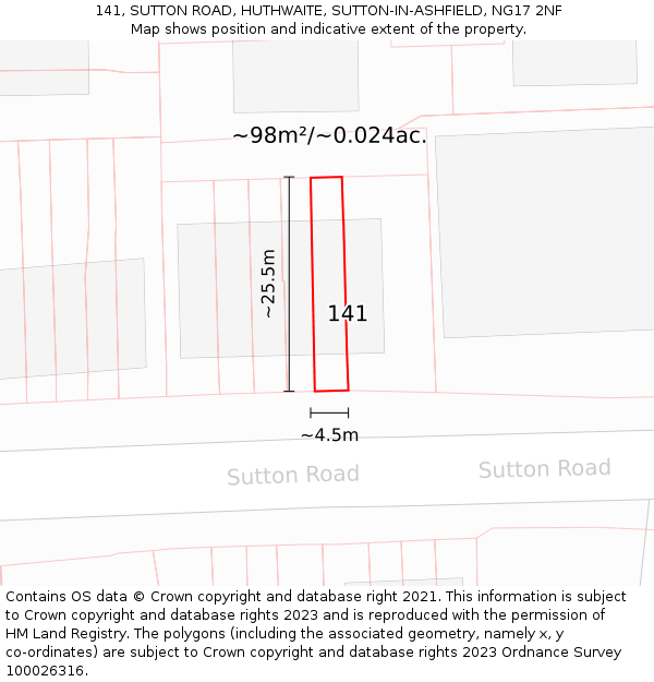 141, SUTTON ROAD, HUTHWAITE, SUTTON-IN-ASHFIELD, NG17 2NF: Plot and title map