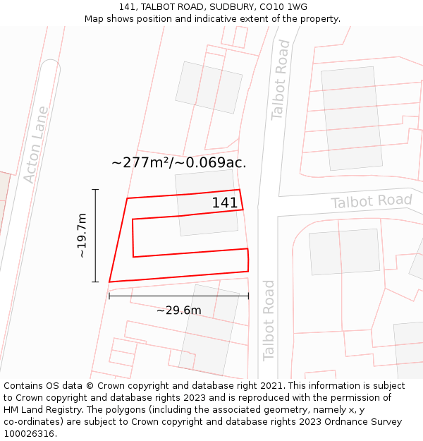141, TALBOT ROAD, SUDBURY, CO10 1WG: Plot and title map