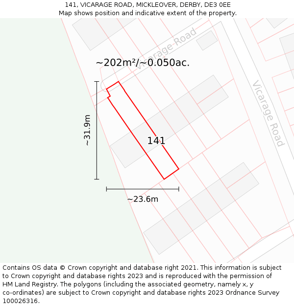 141, VICARAGE ROAD, MICKLEOVER, DERBY, DE3 0EE: Plot and title map
