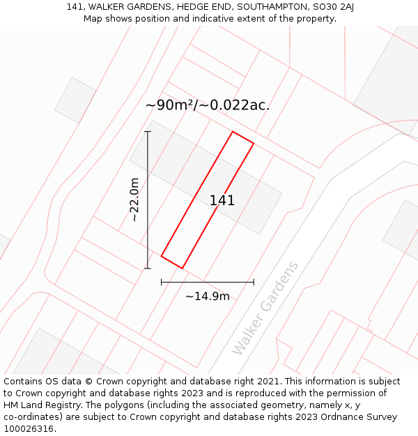 141, WALKER GARDENS, HEDGE END, SOUTHAMPTON, SO30 2AJ: Plot and title map