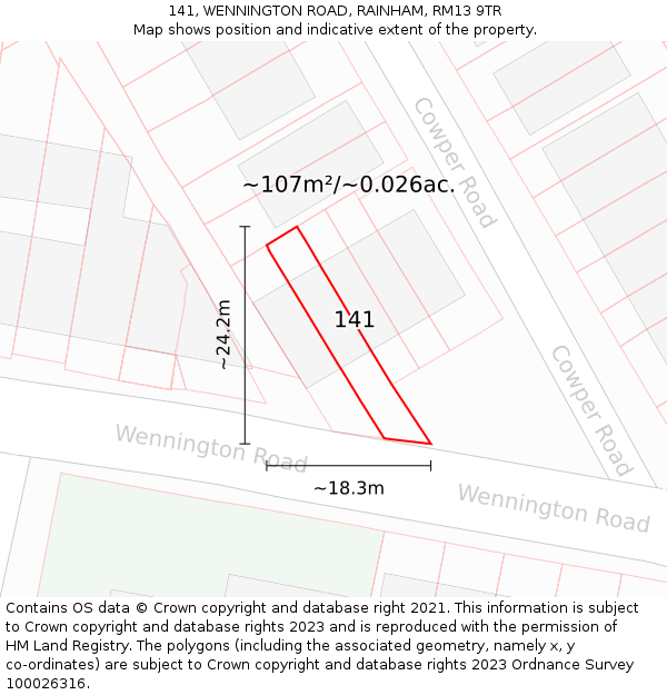 141, WENNINGTON ROAD, RAINHAM, RM13 9TR: Plot and title map