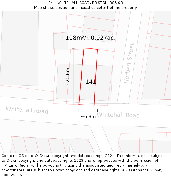 141, WHITEHALL ROAD, BRISTOL, BS5 9BJ: Plot and title map