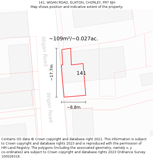 141, WIGAN ROAD, EUXTON, CHORLEY, PR7 6JH: Plot and title map