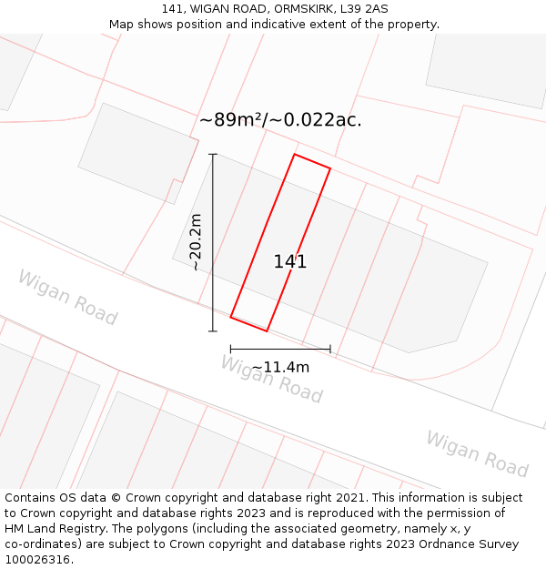 141, WIGAN ROAD, ORMSKIRK, L39 2AS: Plot and title map