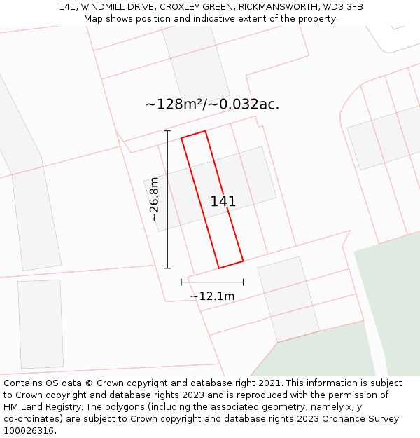 141, WINDMILL DRIVE, CROXLEY GREEN, RICKMANSWORTH, WD3 3FB: Plot and title map