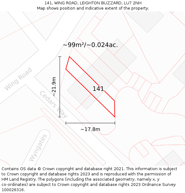 141, WING ROAD, LEIGHTON BUZZARD, LU7 2NH: Plot and title map