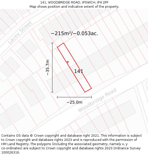 141, WOODBRIDGE ROAD, IPSWICH, IP4 2PF: Plot and title map