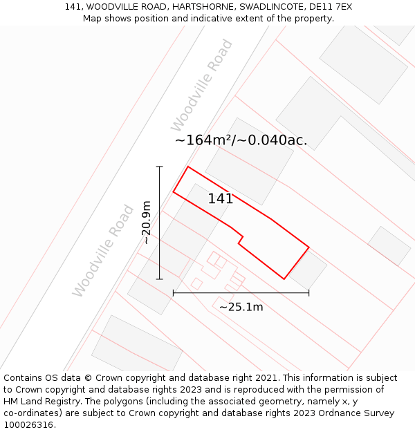 141, WOODVILLE ROAD, HARTSHORNE, SWADLINCOTE, DE11 7EX: Plot and title map
