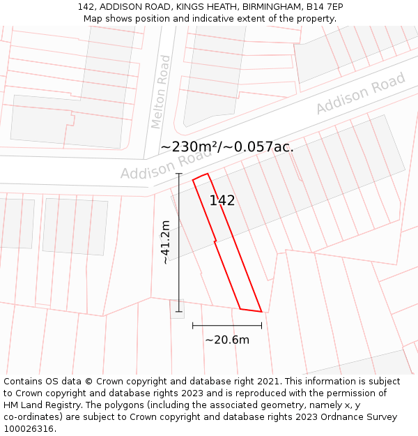 142, ADDISON ROAD, KINGS HEATH, BIRMINGHAM, B14 7EP: Plot and title map