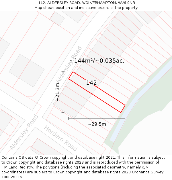 142, ALDERSLEY ROAD, WOLVERHAMPTON, WV6 9NB: Plot and title map