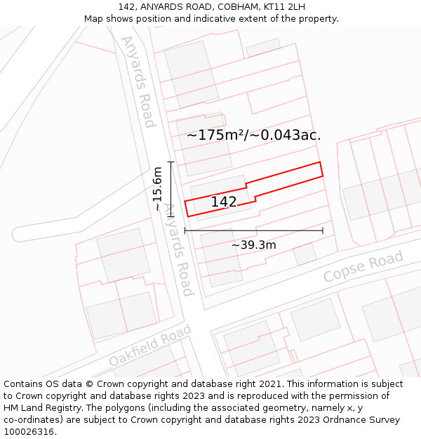 142, ANYARDS ROAD, COBHAM, KT11 2LH: Plot and title map