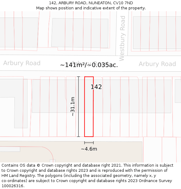 142, ARBURY ROAD, NUNEATON, CV10 7ND: Plot and title map