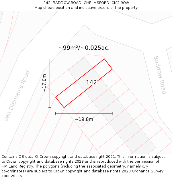 142, BADDOW ROAD, CHELMSFORD, CM2 9QW: Plot and title map