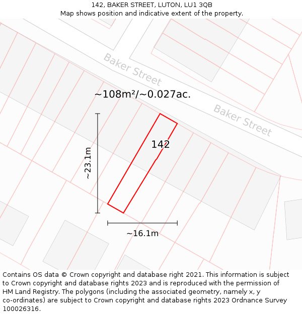 142, BAKER STREET, LUTON, LU1 3QB: Plot and title map