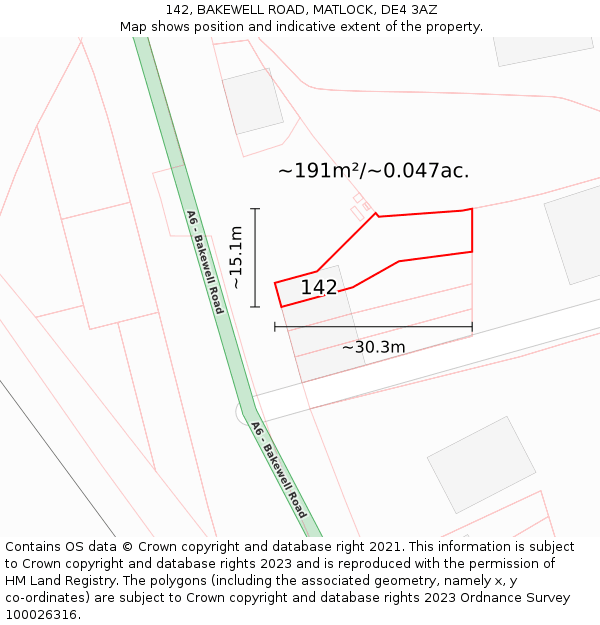 142, BAKEWELL ROAD, MATLOCK, DE4 3AZ: Plot and title map