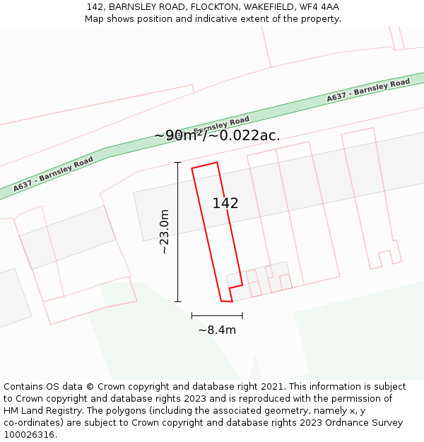 142, BARNSLEY ROAD, FLOCKTON, WAKEFIELD, WF4 4AA: Plot and title map