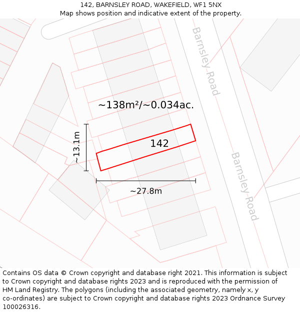 142, BARNSLEY ROAD, WAKEFIELD, WF1 5NX: Plot and title map