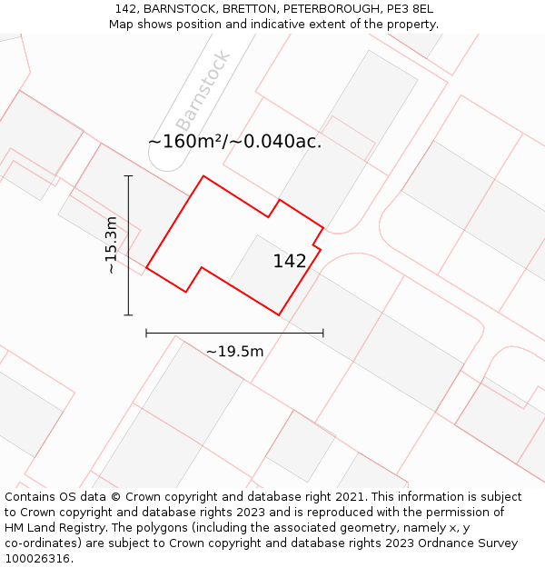 142, BARNSTOCK, BRETTON, PETERBOROUGH, PE3 8EL: Plot and title map