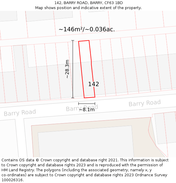 142, BARRY ROAD, BARRY, CF63 1BD: Plot and title map