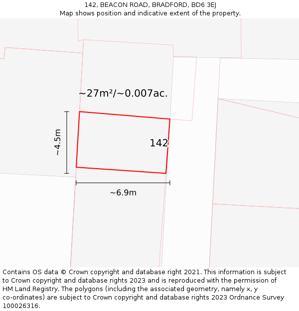142, BEACON ROAD, BRADFORD, BD6 3EJ: Plot and title map