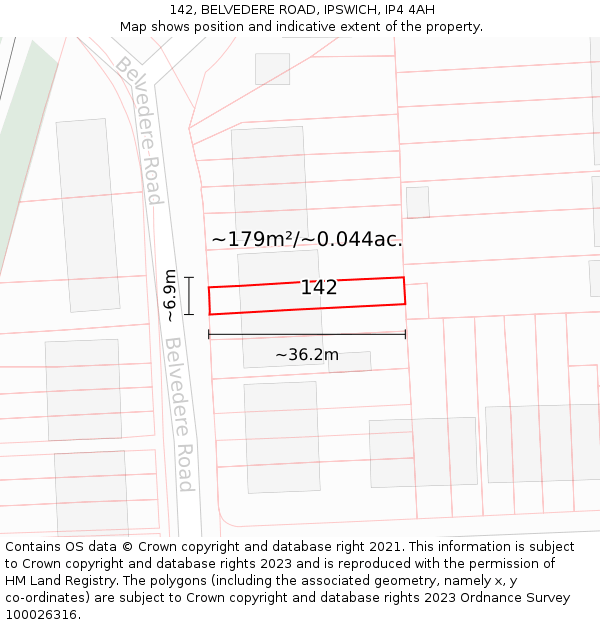 142, BELVEDERE ROAD, IPSWICH, IP4 4AH: Plot and title map