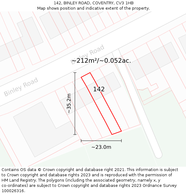 142, BINLEY ROAD, COVENTRY, CV3 1HB: Plot and title map