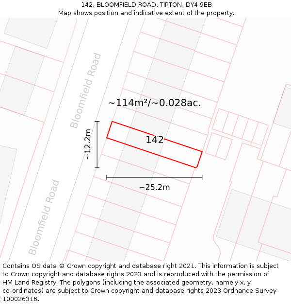 142, BLOOMFIELD ROAD, TIPTON, DY4 9EB: Plot and title map
