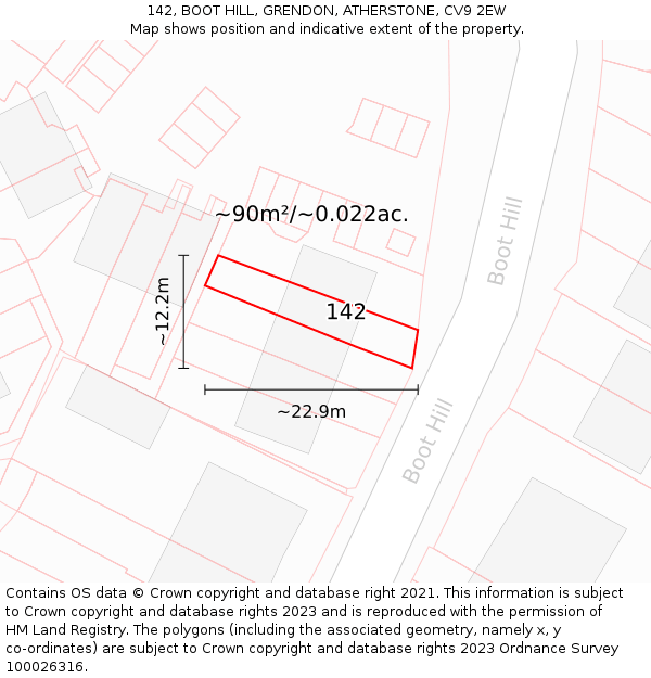 142, BOOT HILL, GRENDON, ATHERSTONE, CV9 2EW: Plot and title map