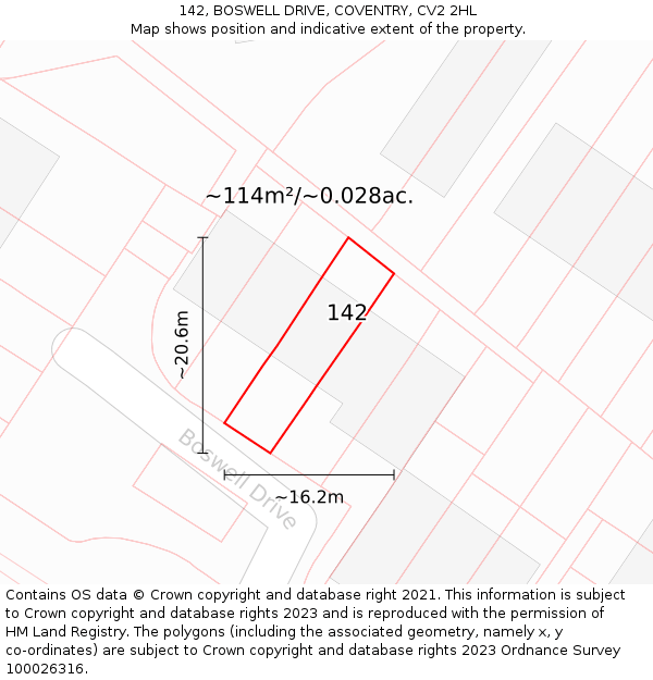 142, BOSWELL DRIVE, COVENTRY, CV2 2HL: Plot and title map