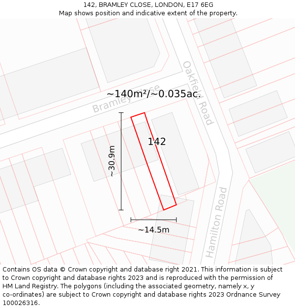 142, BRAMLEY CLOSE, LONDON, E17 6EG: Plot and title map