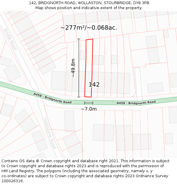 142, BRIDGNORTH ROAD, WOLLASTON, STOURBRIDGE, DY8 3PB: Plot and title map
