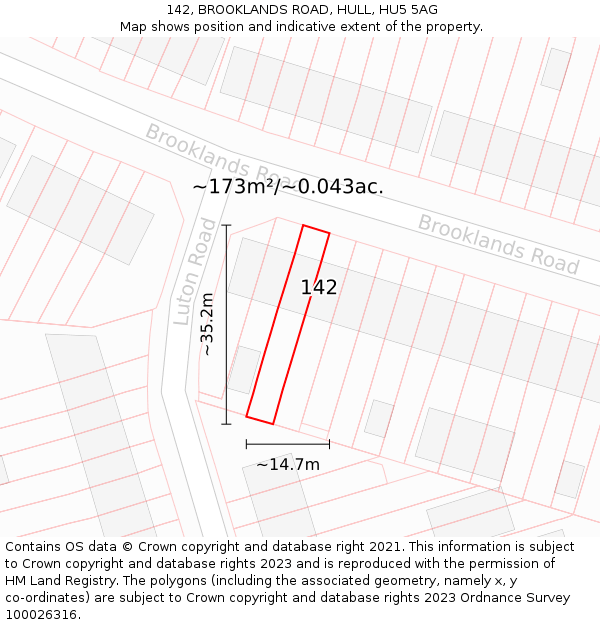 142, BROOKLANDS ROAD, HULL, HU5 5AG: Plot and title map