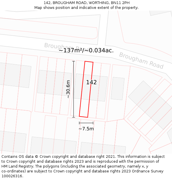 142, BROUGHAM ROAD, WORTHING, BN11 2PH: Plot and title map