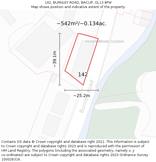 142, BURNLEY ROAD, BACUP, OL13 8PW: Plot and title map