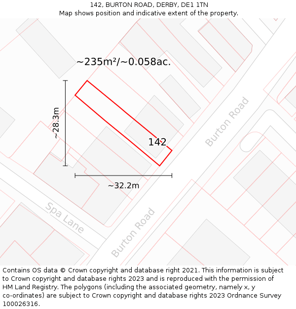 142, BURTON ROAD, DERBY, DE1 1TN: Plot and title map