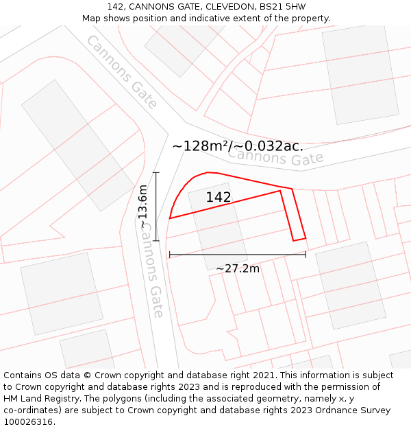 142, CANNONS GATE, CLEVEDON, BS21 5HW: Plot and title map