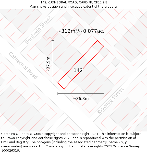 142, CATHEDRAL ROAD, CARDIFF, CF11 9JB: Plot and title map
